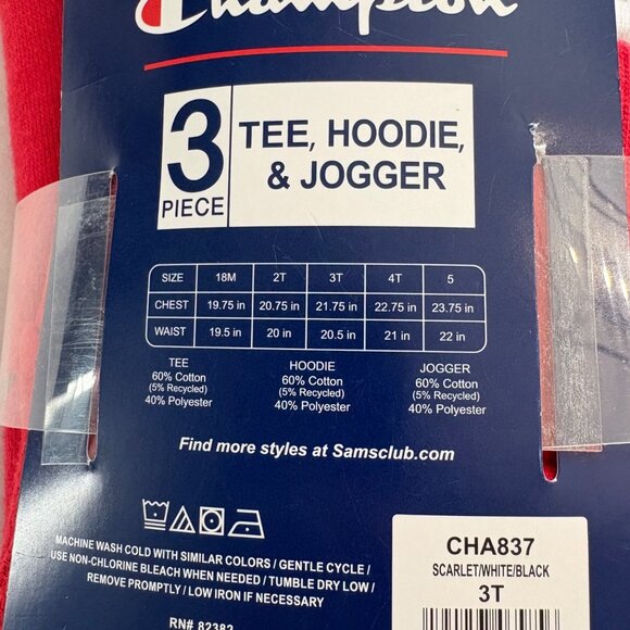 Champion 3-Piece Boys Set Tee Hoodie & Jogger Red/White/Black Size 3T Outfit - Picture 3 of 5